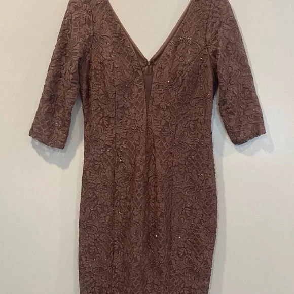 Marina Rinaldi Plunge Lace Sheath‎ Dress Color Cafe-Brown Size 10 (1246) - Picture 3 of 6